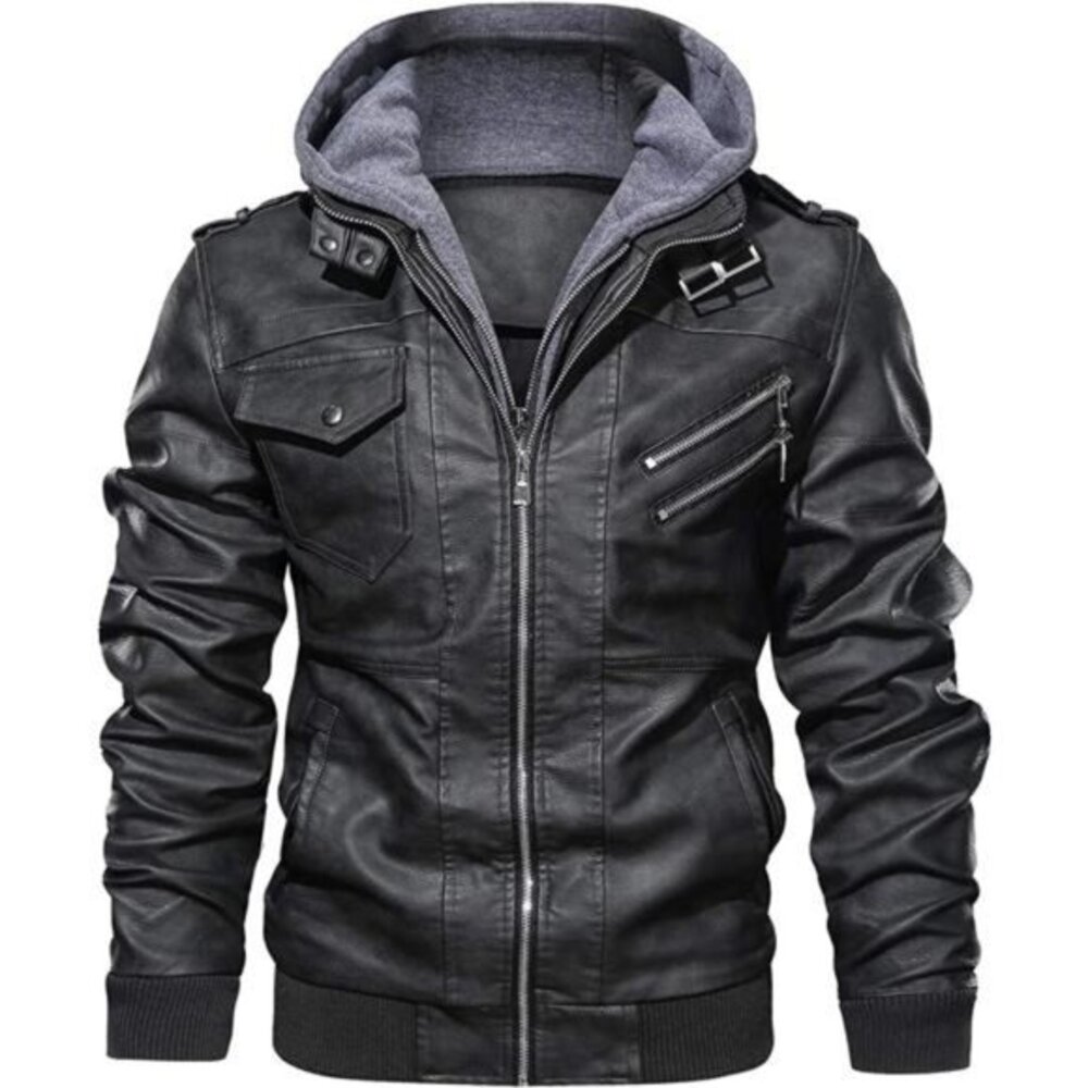 Men’s Casual Stand Collar PU Faux Leather Zip-Up Motorcycle Bomber Jacket